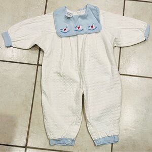 Baby One-Piece Footie with Blue Trim and Sailboat Embroidery